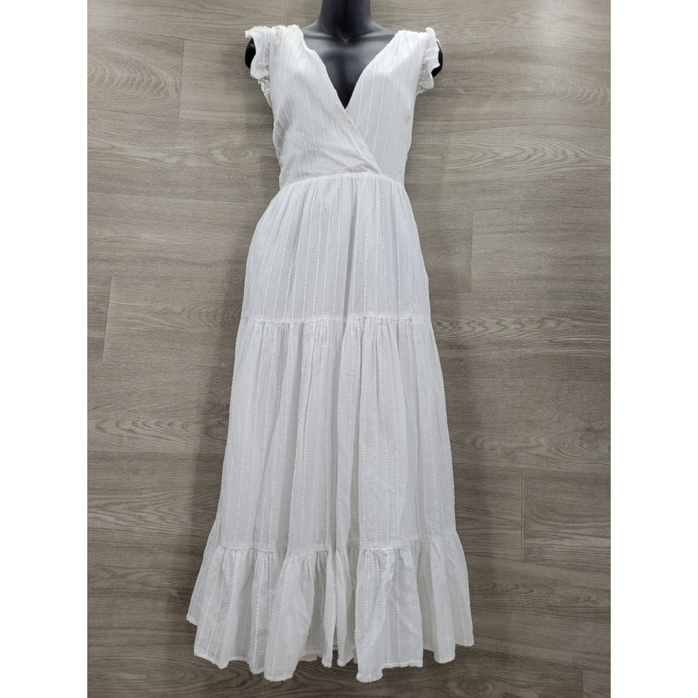 ZARA White Midi Dress Women's Small Cotton Ruffle Tie Back Tiered 3666/152